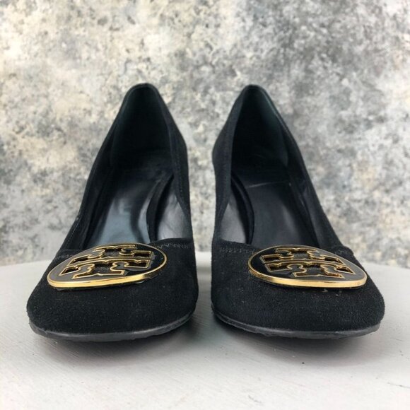 Tory Burch Women's Size 11M Maddie Black Suede Gold Tone Logo High Heel Pumps - Picture 2 of 16